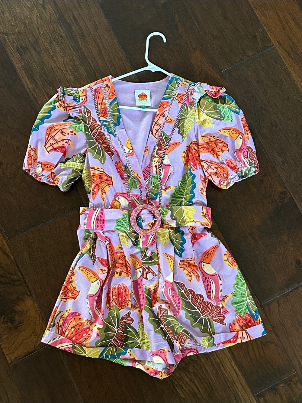 Farm Rio Colorful Tropical Print Belted Romper - Lavender Base - Picture 2 of 5